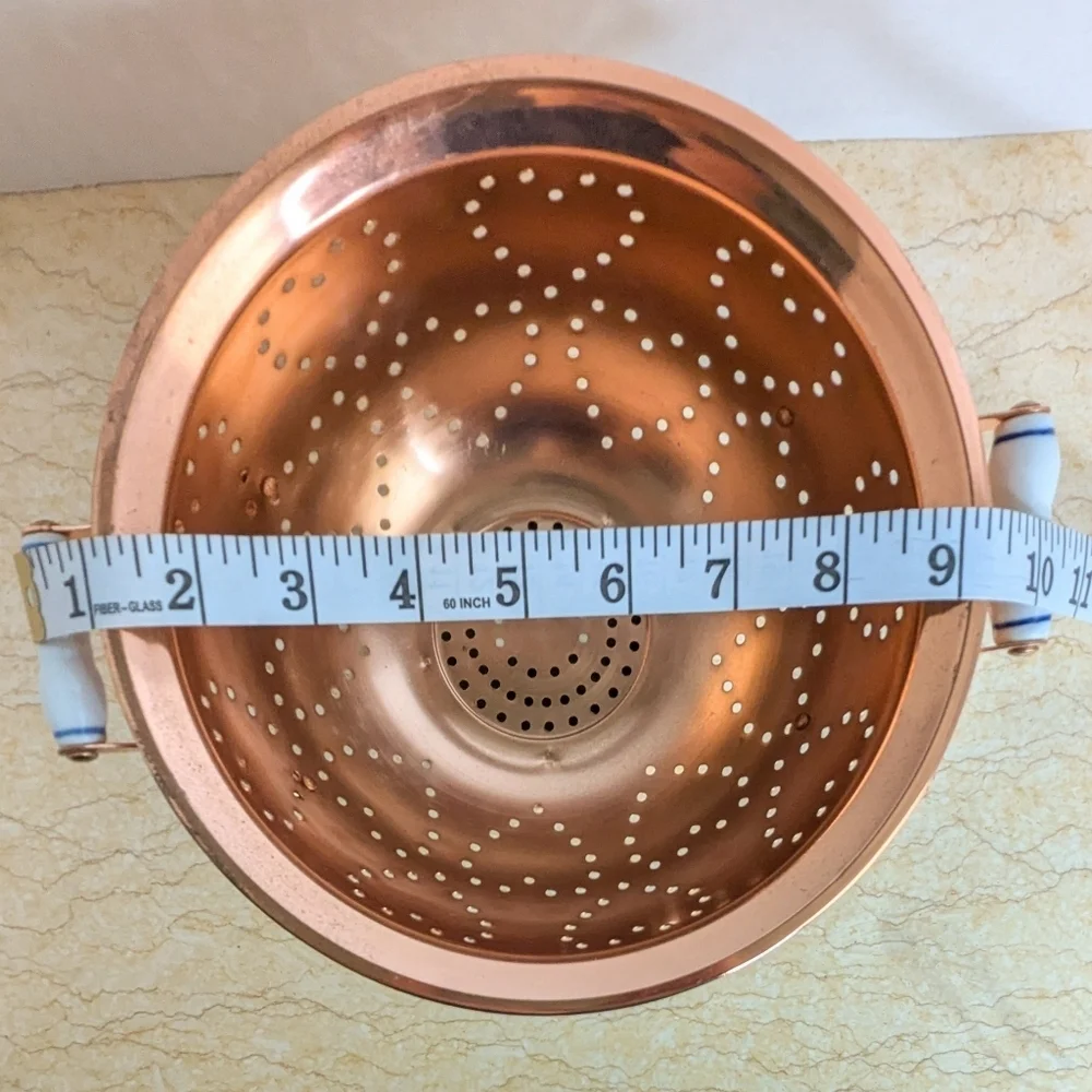 Vintage Teleflora Copper Collander Heart Shape Holes White Porcelain Handles